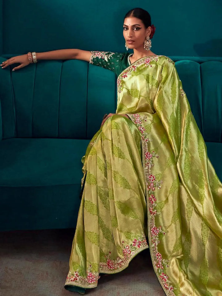 Green Woven Banarasi Soft Silk Designer Saree Party Wear - VJV Now