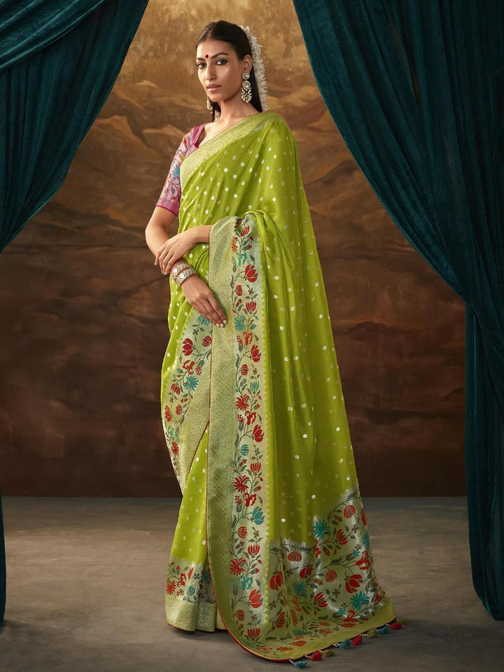 Green Woven Dola Silk Zari Work Saree Party Wear - VJV Now