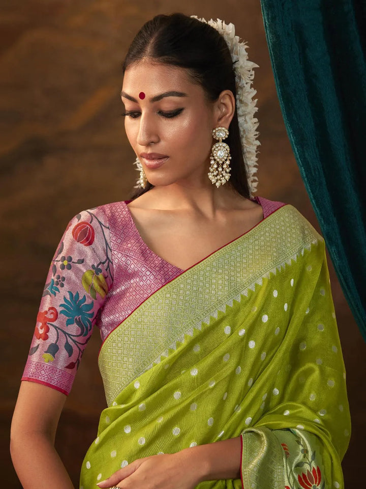 Green Woven Dola Silk Zari Work Saree Party Wear - VJV Now