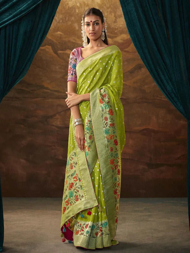 Green Woven Dola Silk Zari Work Saree Party Wear - VJV Now