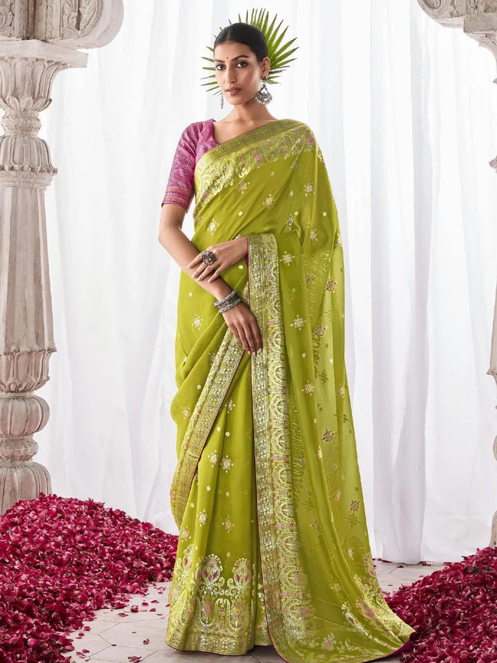 Green Woven Georgette Silk Saree Party Wear - VJV Now