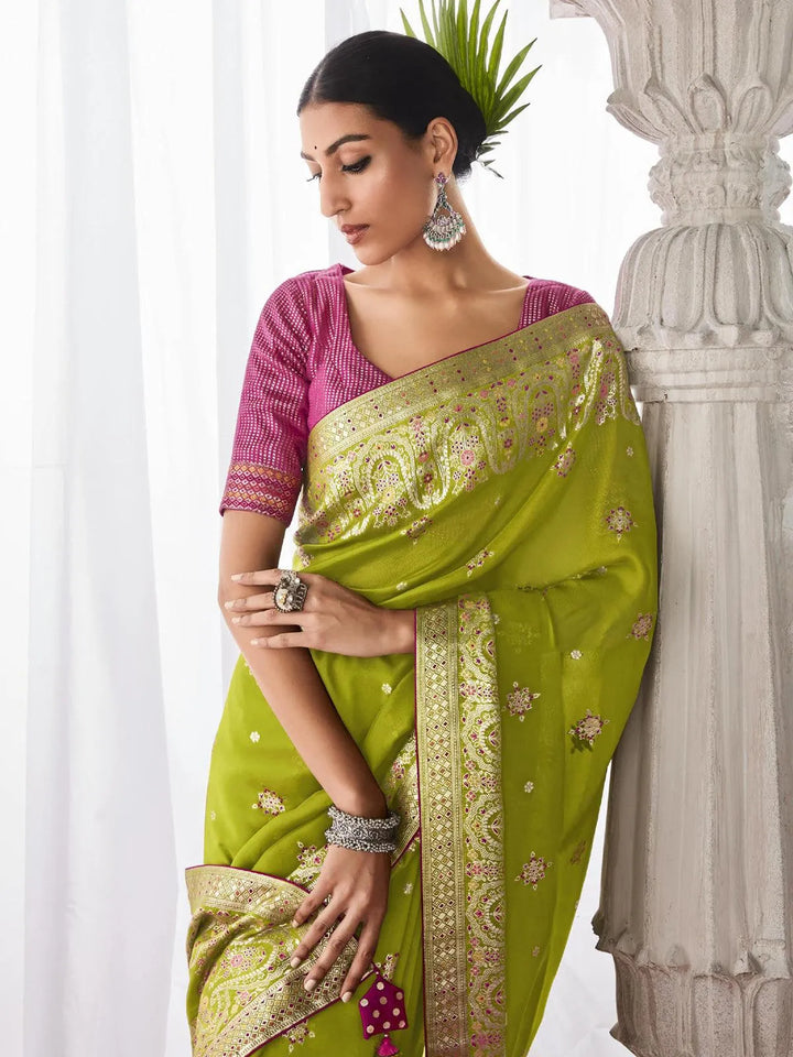 Green Woven Georgette Silk Saree Party Wear - VJV Now