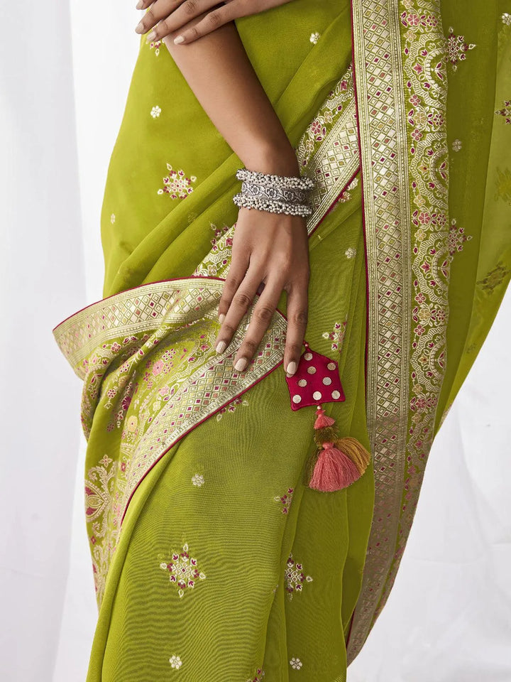 Green Woven Georgette Silk Saree Party Wear - VJV Now