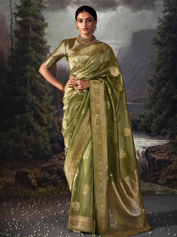 Green Zari Weaving Banarasi Organza Silk Saree - VJV Now