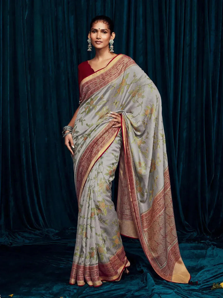 Grey & Red Silk Brasso Saree For Casual & Daily Wear - VJV Now