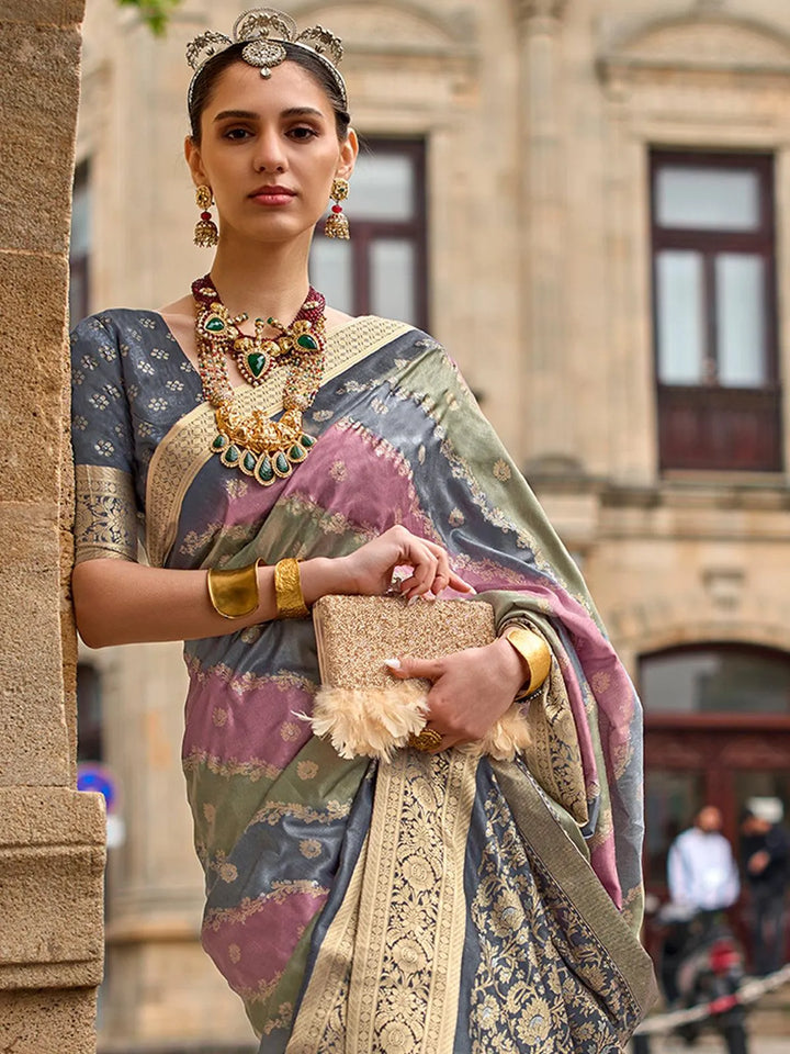 Grey Art Silk Zari Work Saree Designer Wear - VJV Now