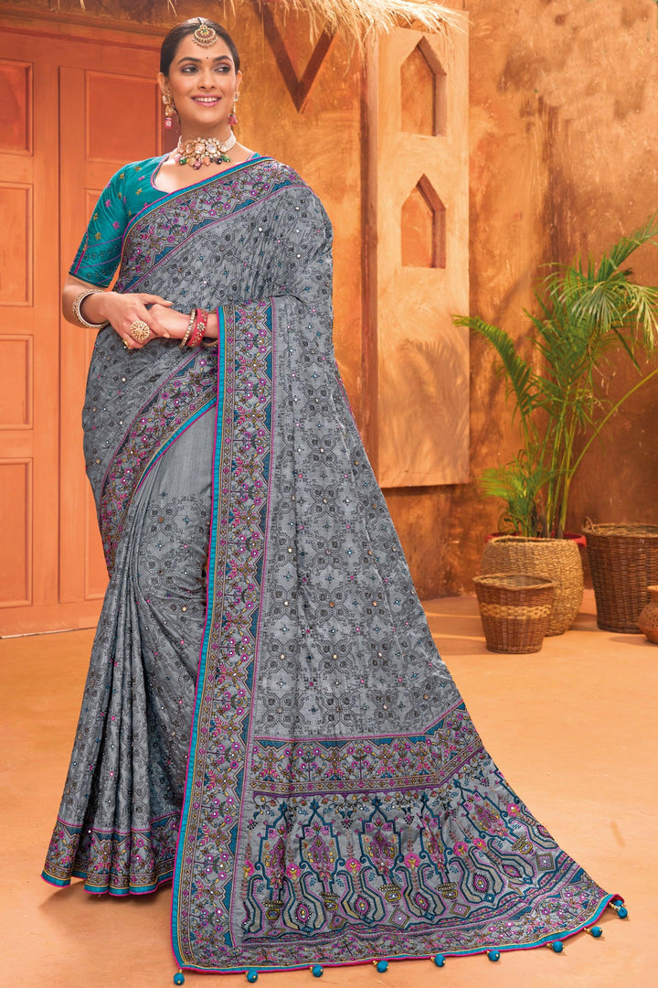 Grey Banarasi Silk Saree With Pure Kachhi Work, Diamond & Mirror Heaw Work - VJV Now