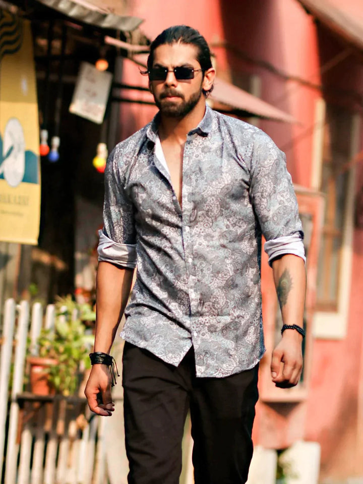 Grey Color Printed Party Wear Mens Shirt - VJV Now