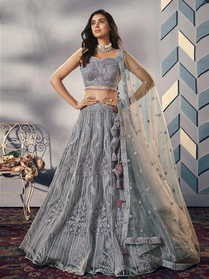 Grey Embroidered Work Umbrella Lehenga Coli Wedding Wear - VJV Now