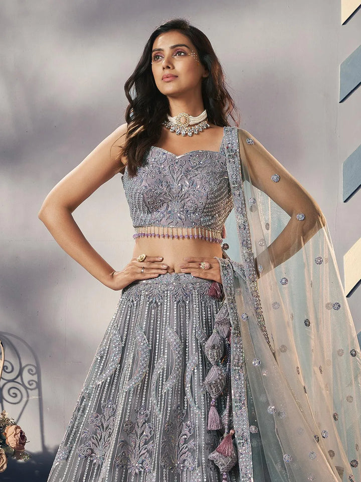 Grey Embroidered Work Umbrella Lehenga Coli Wedding Wear - VJV Now