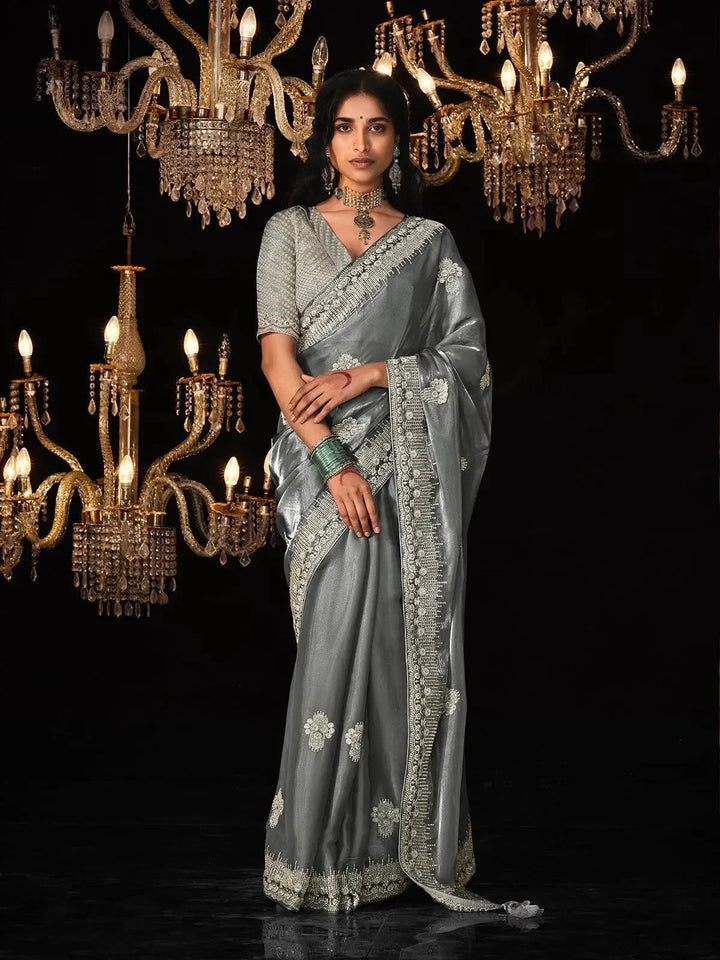 Grey Fancy Sequin Embroidered Party Wear Saree VJV Now India