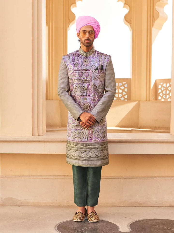 Grey Foil Print Men's Indo-wester Style Suit For Weeding & Party Reception - VJV Now