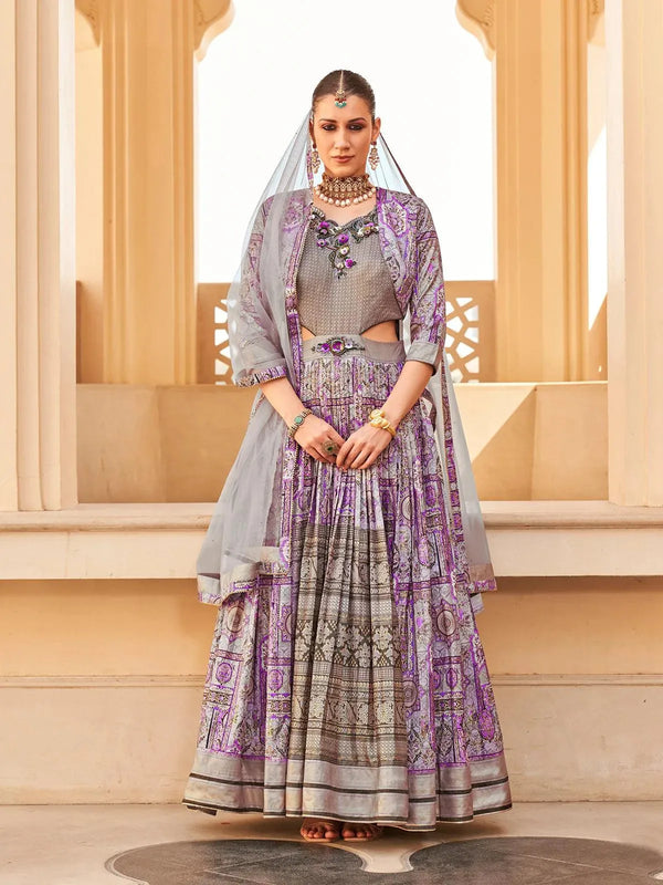 Grey Foil Print silk jacket style Gown Suit With Net Dupatta for weeding & Party Reception - VJV Now