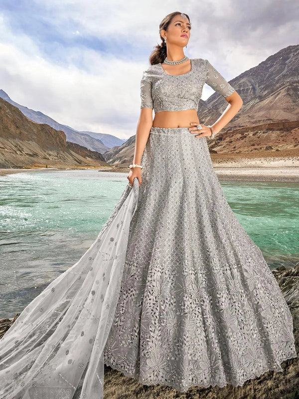 Grey Heavy Net Embroidered and Stons Work Umberalla Lehenga Choli Designer Wear - VJV Now