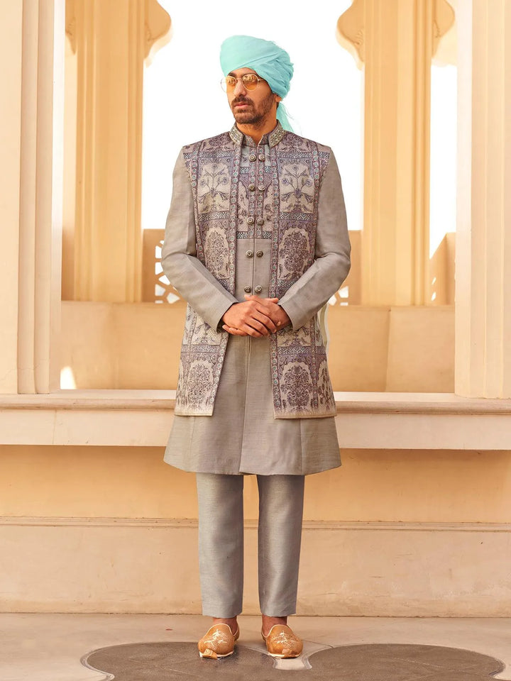 Grey Men's Indo-wester Silk Sherwani Set With Koti For Weeding & Party Reception - VJV Now