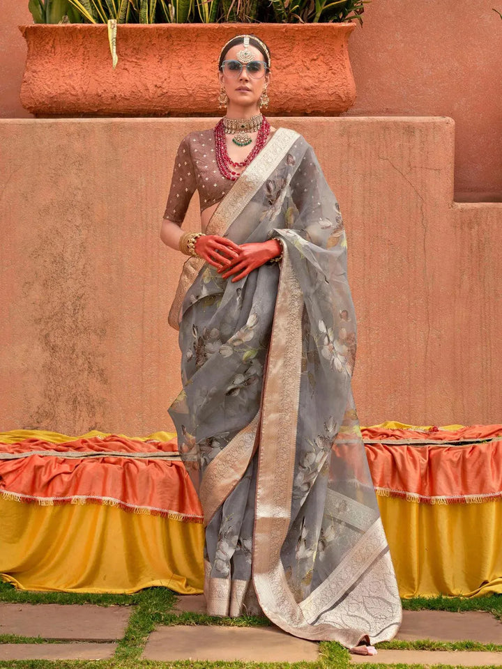 Grey Organza Silk Saree with Brown Silk Blouse for Festivals & Parties - VJV Now