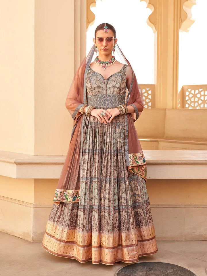 Grey Patola Silk Anarkali Gown choli Suit With Net Dupatta for weeding & Party Reception - VJV Now