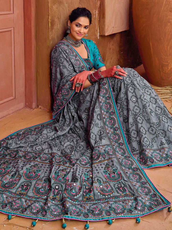 Grey Pure Banarasi Silk Saree With Kutchi Work & Mirror Heavy Work - VJV Now