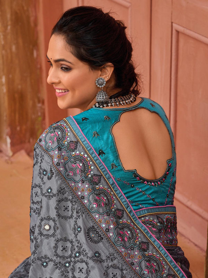 Grey Pure Banarasi Silk Saree With Kutchi Work & Mirror Heavy Work - VJV Now