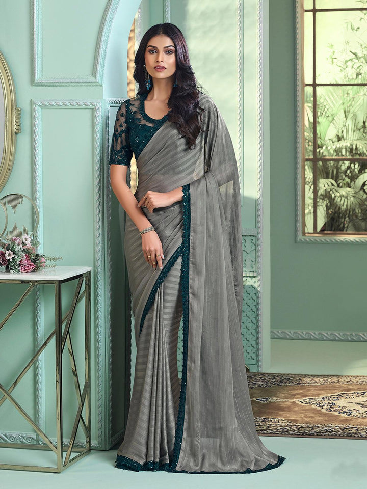 Grey Sequin Embroidered Georgette Silk Party Wear Saree with Peacock Blue Blouse - VJV Now