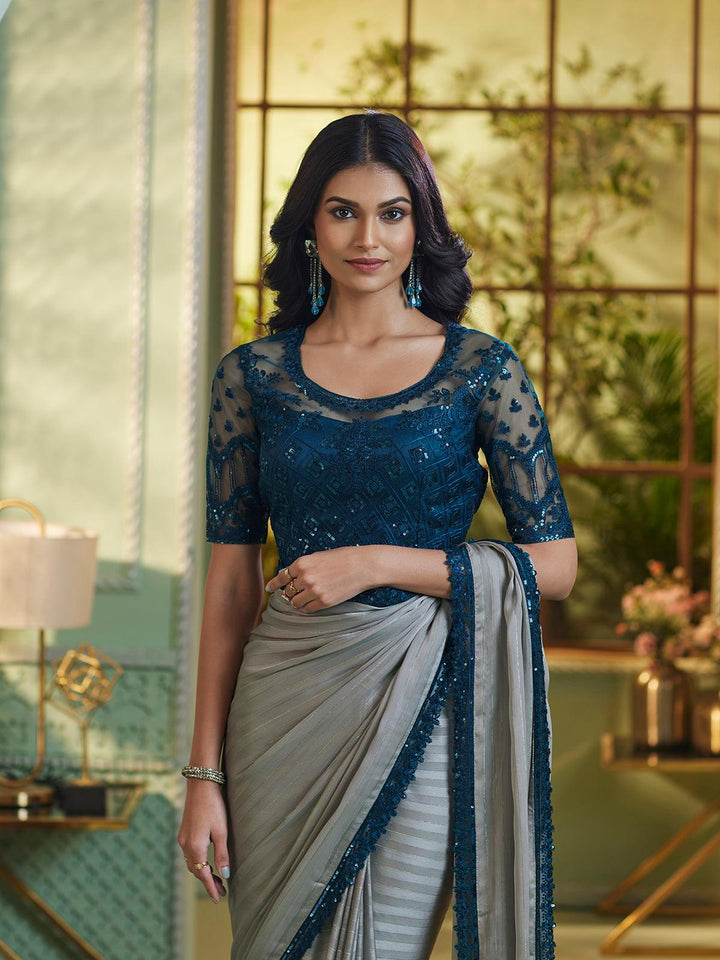 Grey Sequin Embroidered Georgette Silk Party Wear Saree with Peacock Blue Blouse - VJV Now