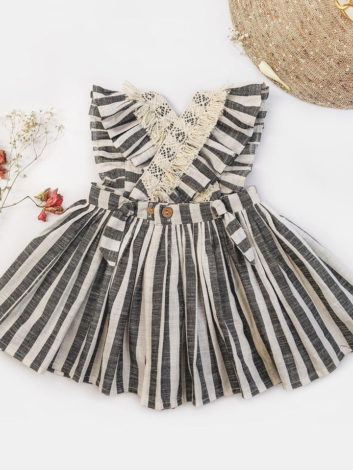 Grey Stripes Baby Frilled Frock With Crochette Lace - VJV Now
