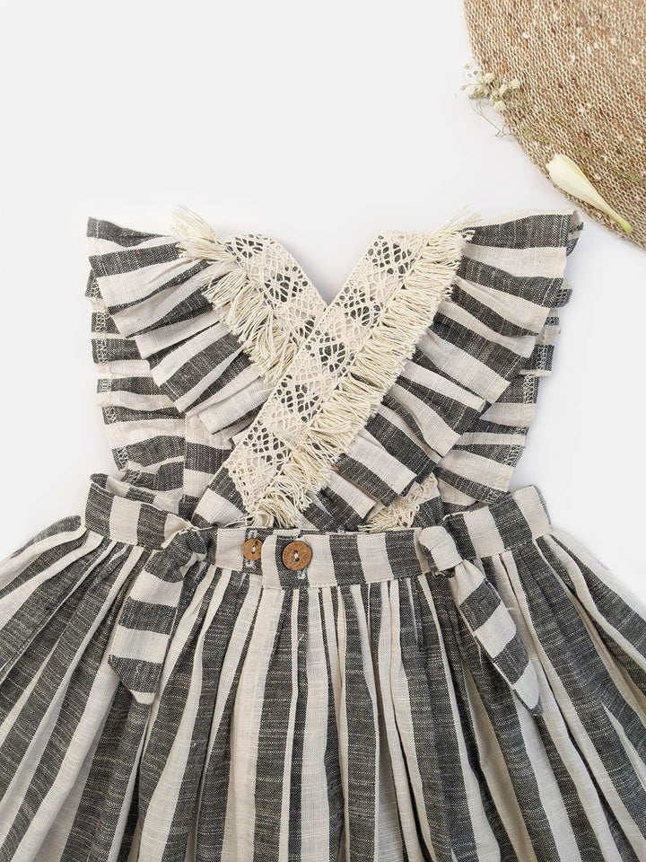 Grey Stripes Baby Frilled Frock With Crochette Lace - VJV Now