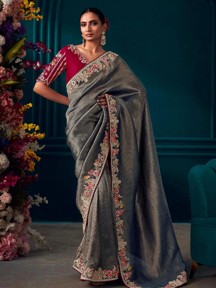 Grey Woven Banarasi Soft Silk Designer Saree Party Wear - VJV Now