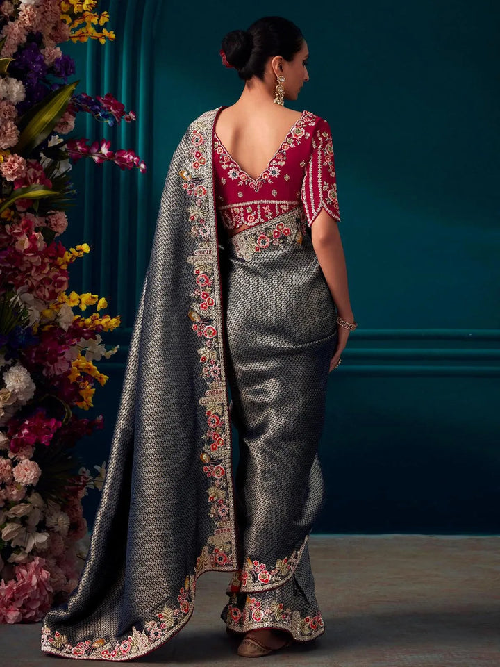 Grey Woven Banarasi Soft Silk Designer Saree Party Wear - VJV Now