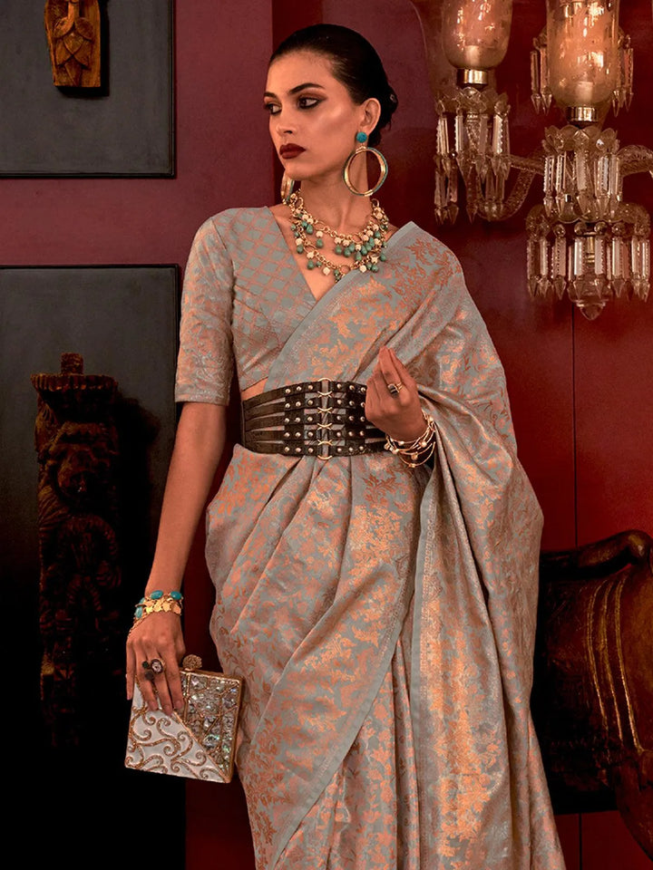 Grey Woven Design Zari Work Banarasi Silk Saree - VJV Now