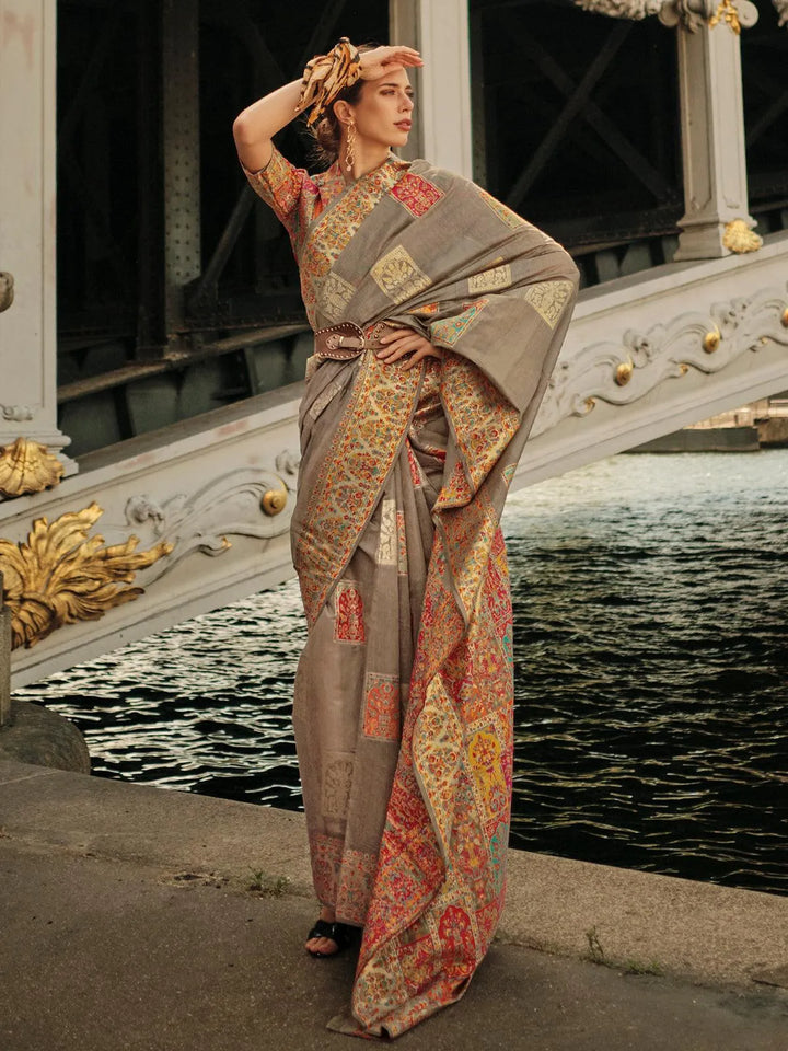 Grey Woven Zari And Floral Motif Saree - VJV Now