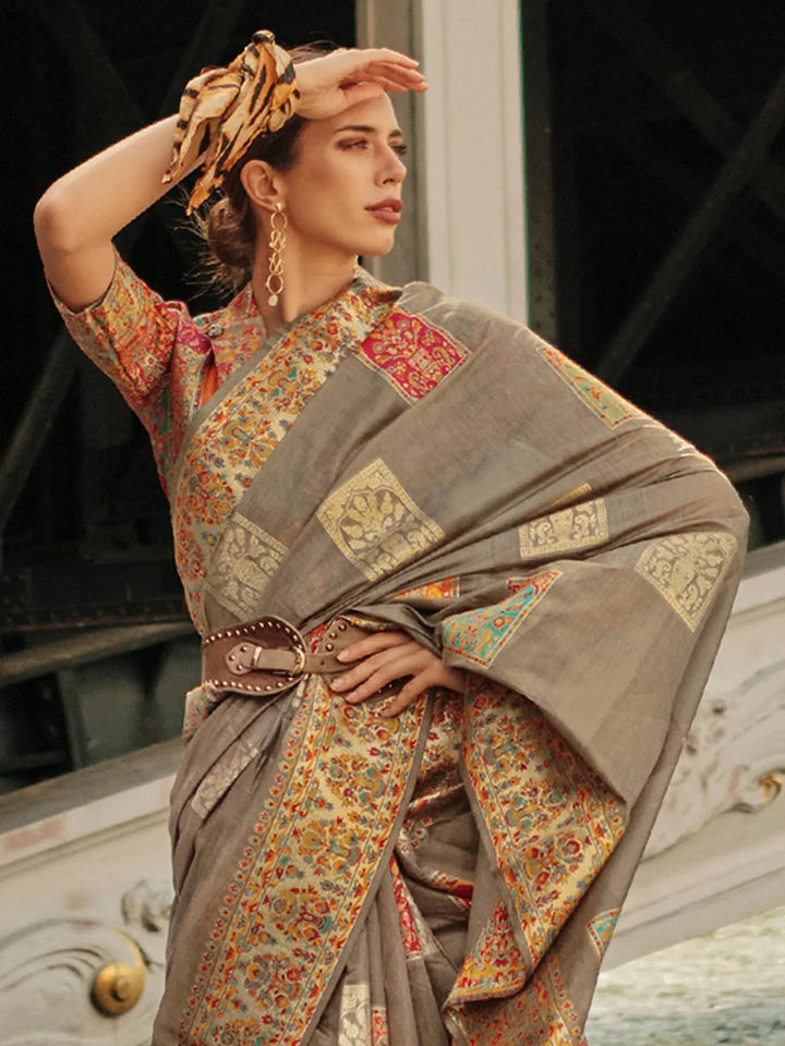 Grey Woven Zari And Floral Motif Saree - VJV Now