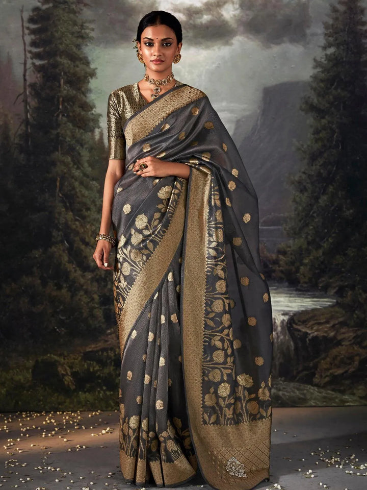 Grey Zari Weaving Banarasi Organza Silk Saree - VJV Now