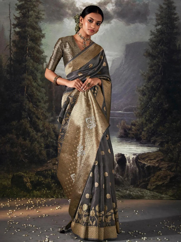 Grey Zari Weaving Banarasi Organza Silk Saree - VJV Now