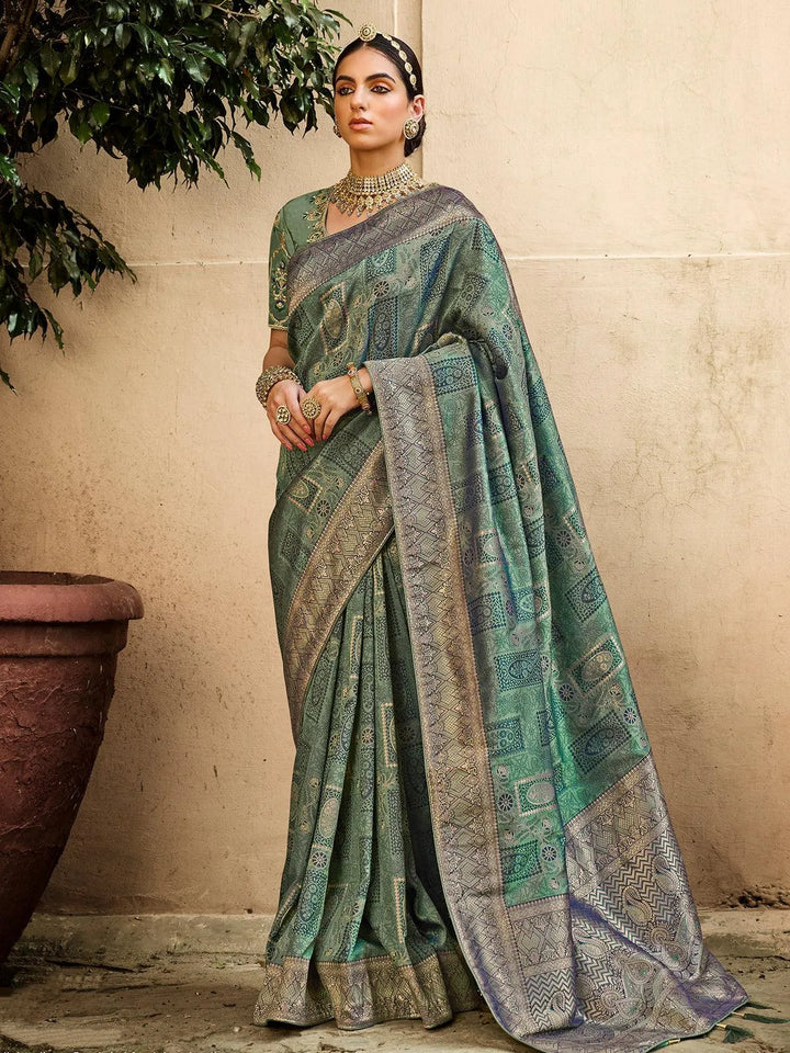 Grey Zari Work Banarasi Silk Saree - VJV Now