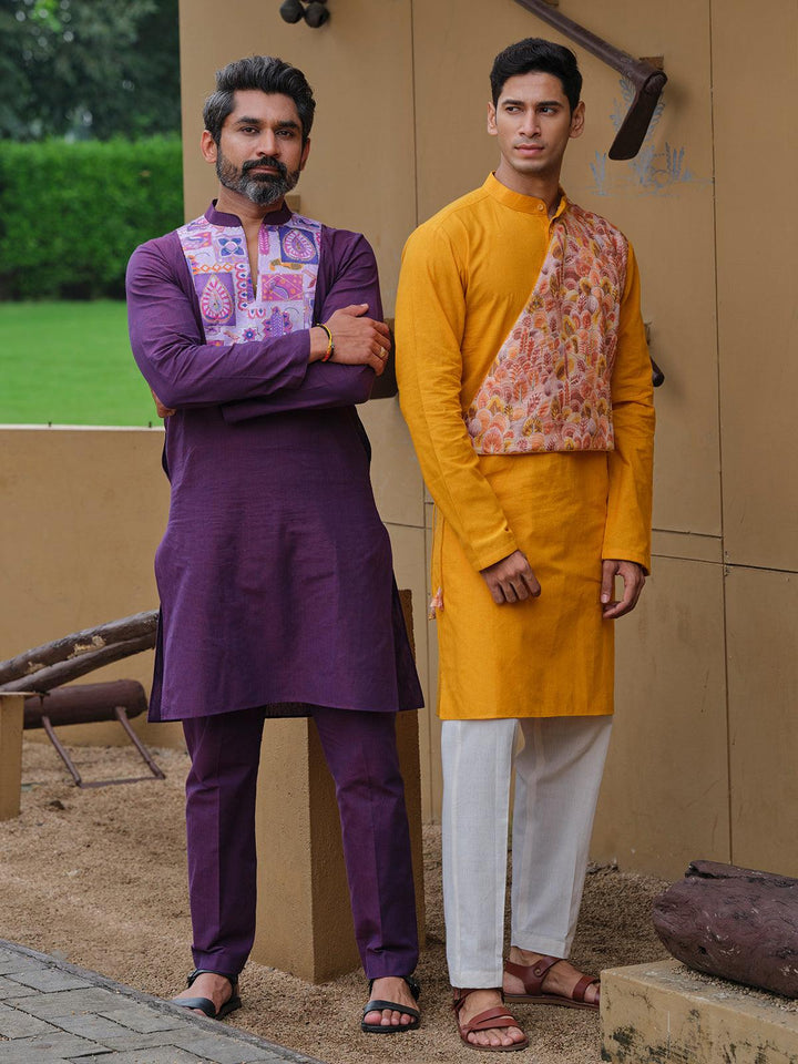 Haldi Yellow Color Cotton fabric Multi Color Digital Printed Embroidery work kurta Set for men - VJV Now