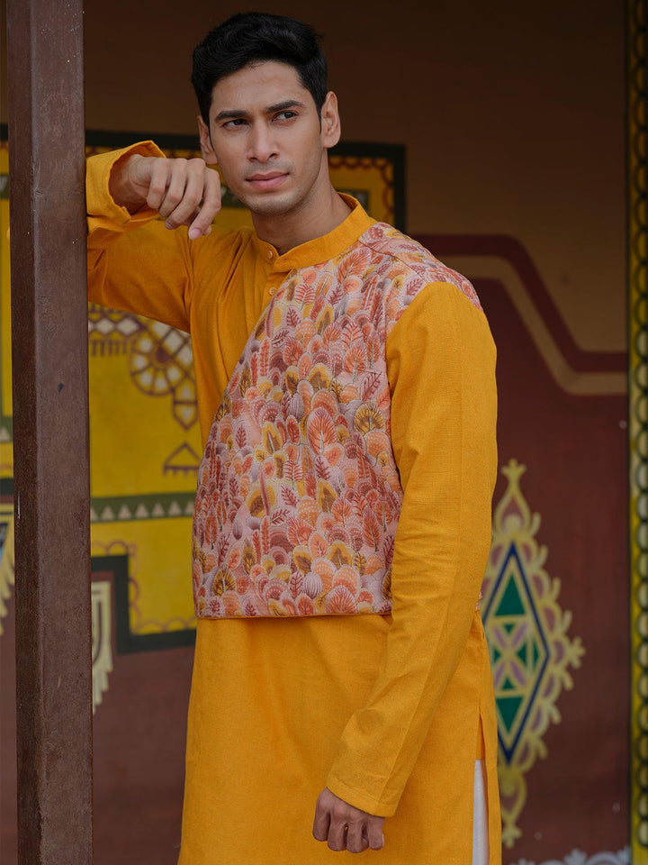 Haldi Yellow Color Cotton fabric Multi Color Digital Printed Embroidery work kurta Set for men - VJV Now