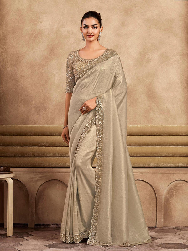 Head-Turning Beige Sequin Silk Party Wear Saree with Matching Blouse - VJV Now