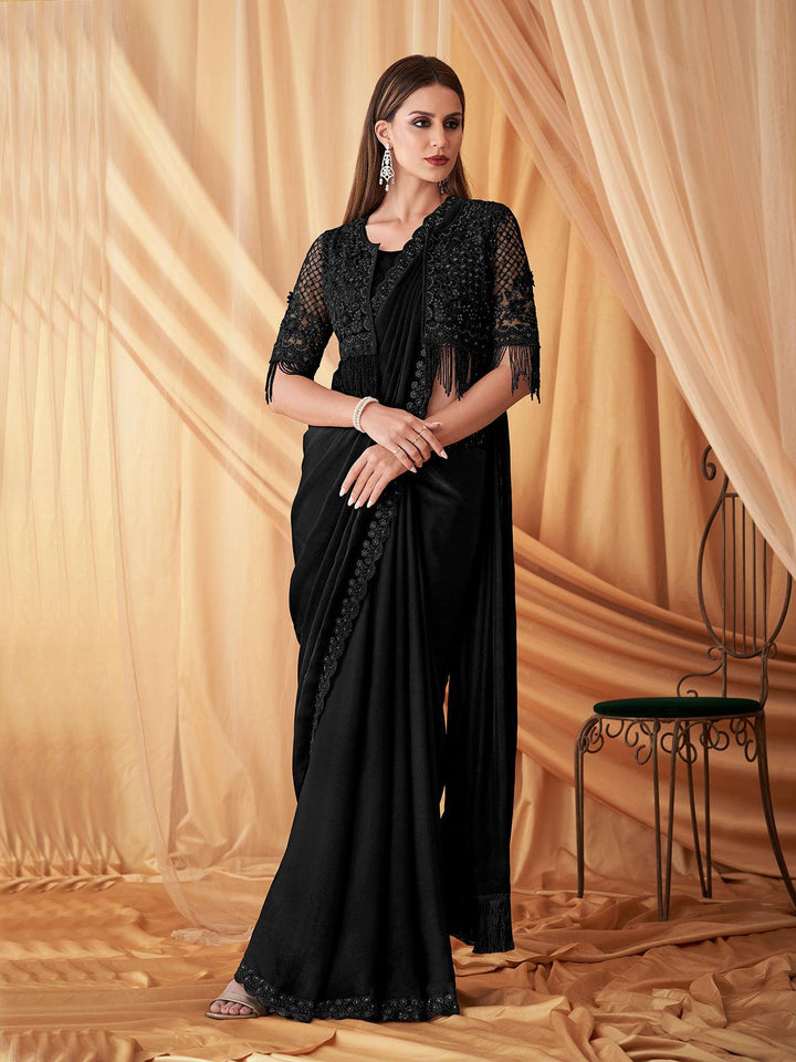 Hot Black Georgette Sequin Saree with Jacket For Party Wear - VJV Now