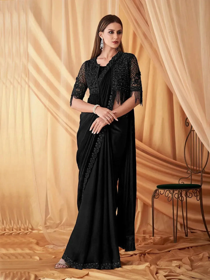 Hot Black Georgette Sequin Saree with Jacket For Party Wear