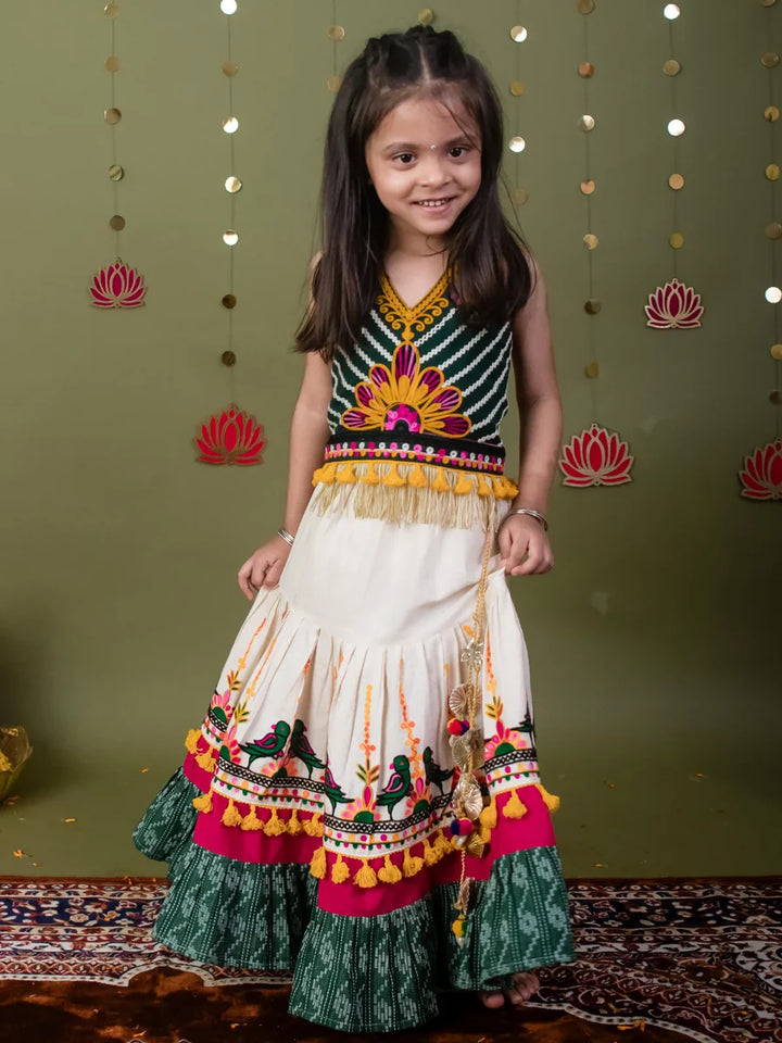 Pure Cotton Parrot Green Lehenga Choli Set with Embroidered Blouse & Ivory Bird Motif Lehenga – Festive