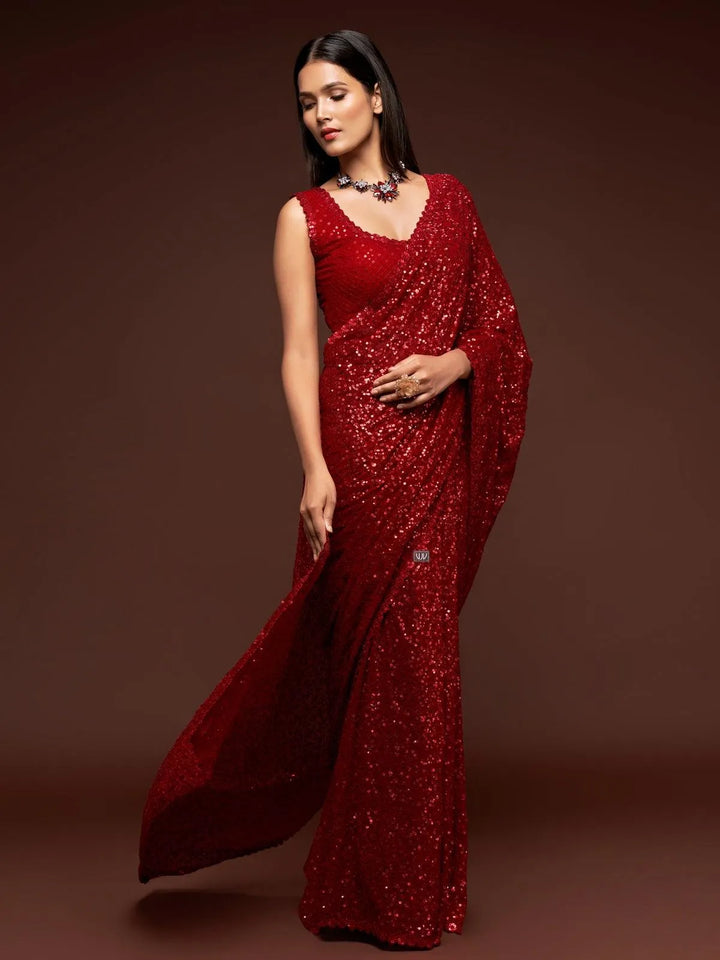 Incredible Red Color Georgette Designer Party Wear Saree - VJV Now