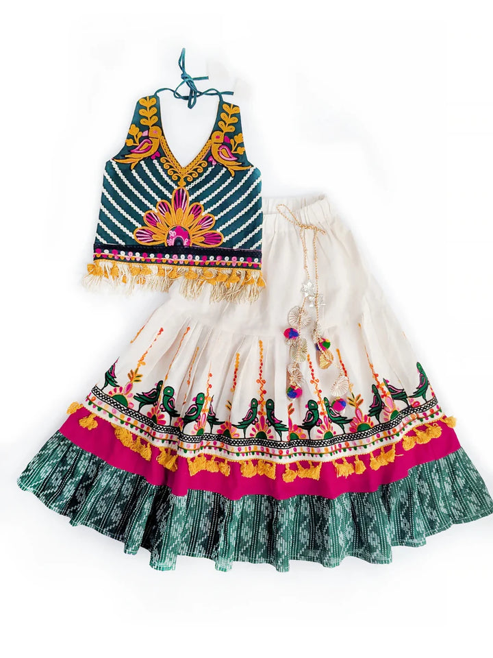 Pure Cotton Parrot Green Lehenga Choli Set with Embroidered Blouse & Ivory Bird Motif Lehenga – Festive