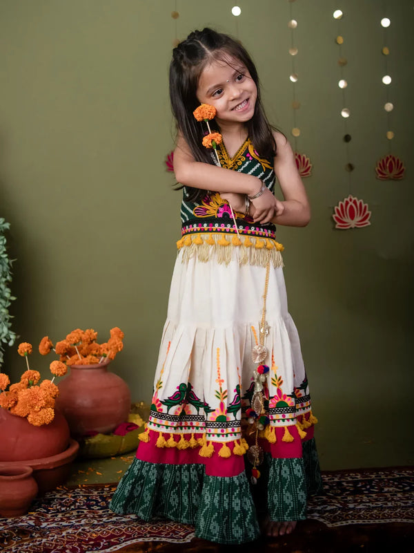 Pure Cotton Parrot Green Lehenga Choli Set with Embroidered Blouse & Ivory Bird Motif Lehenga – Festive