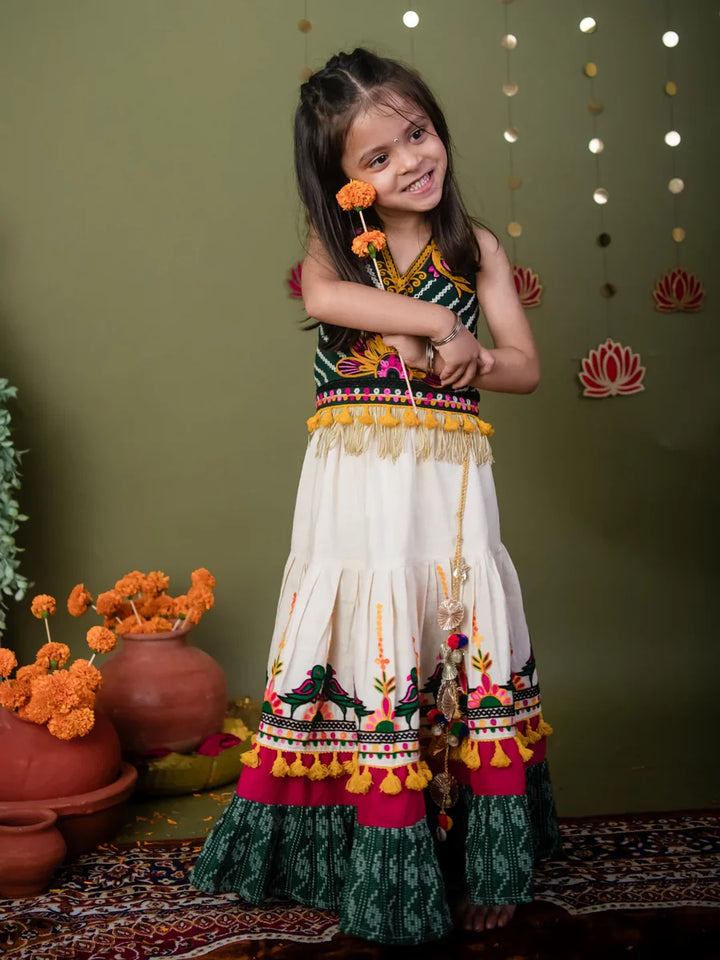 Pure Cotton Parrot Green Lehenga Choli Set with Embroidered Blouse & Ivory Bird Motif Lehenga – Festive