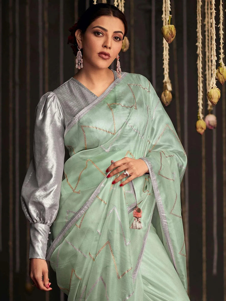 Kajal Aggarwal Bollywoord Style Party Wear Light Pink Silk Saree - VJV Now