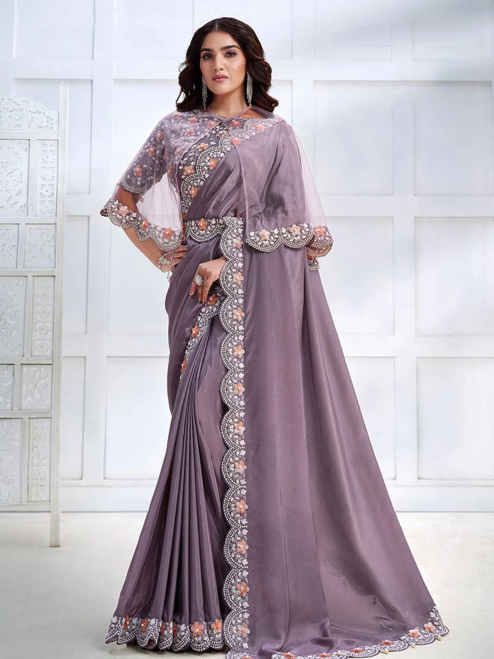 Lavender Color Art Silk White Embroidered and Stone Work Saree - VJV Now