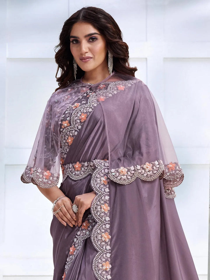 Lavender Color Art Silk White Embroidered and Stone Work Saree - VJV Now