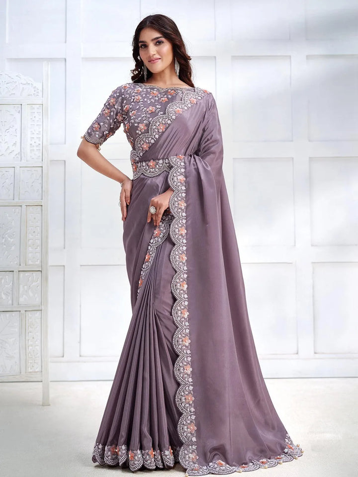 Lavender Color Art Silk White Embroidered and Stone Work Saree - VJV Now