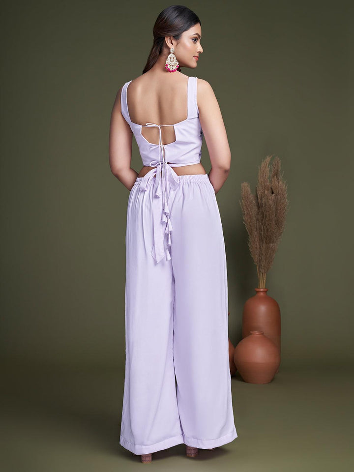 Lavender Color with Waist Belt Koti Style Palazzo Crop Top Set - VJV Now